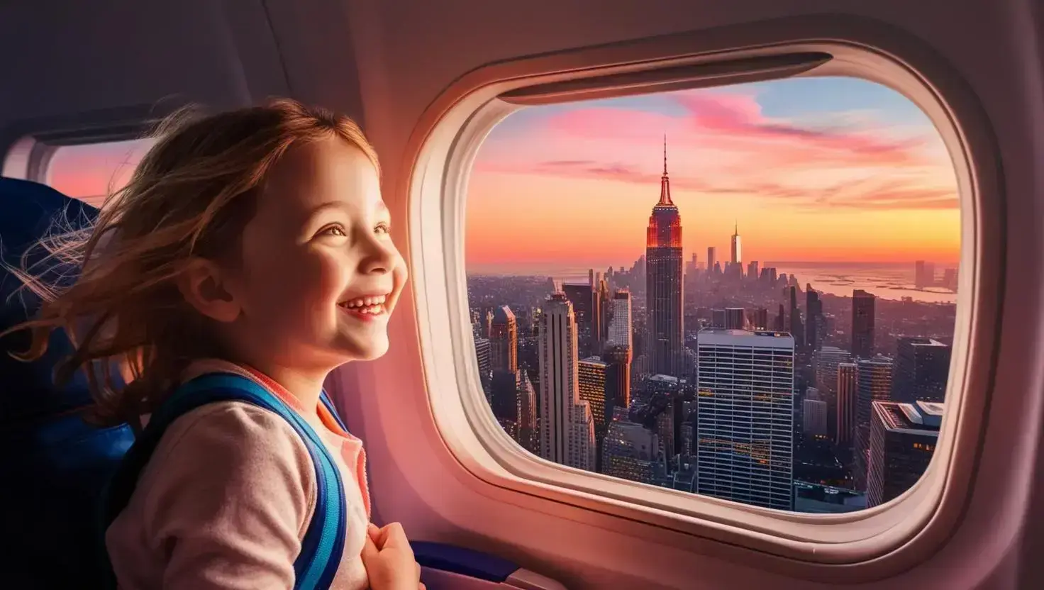 A happy girl looking out of the window in the plane looking